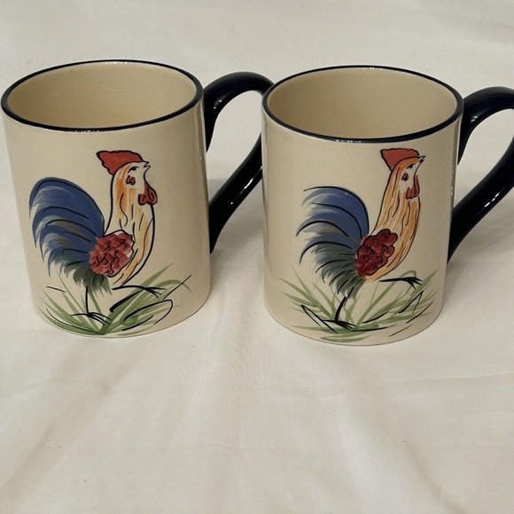 2 Cracker Barrel Cups Mugs Rooster Blue Handle & Rim MW & DW Safe - Picture 1 of 13
